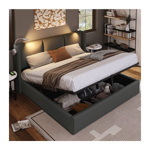 Aosom Massivholzbett Doppelbett mit Stauraum, USB-Ladefunktion und Leselampe in Grau, B/T/H: 160 x 200 cm