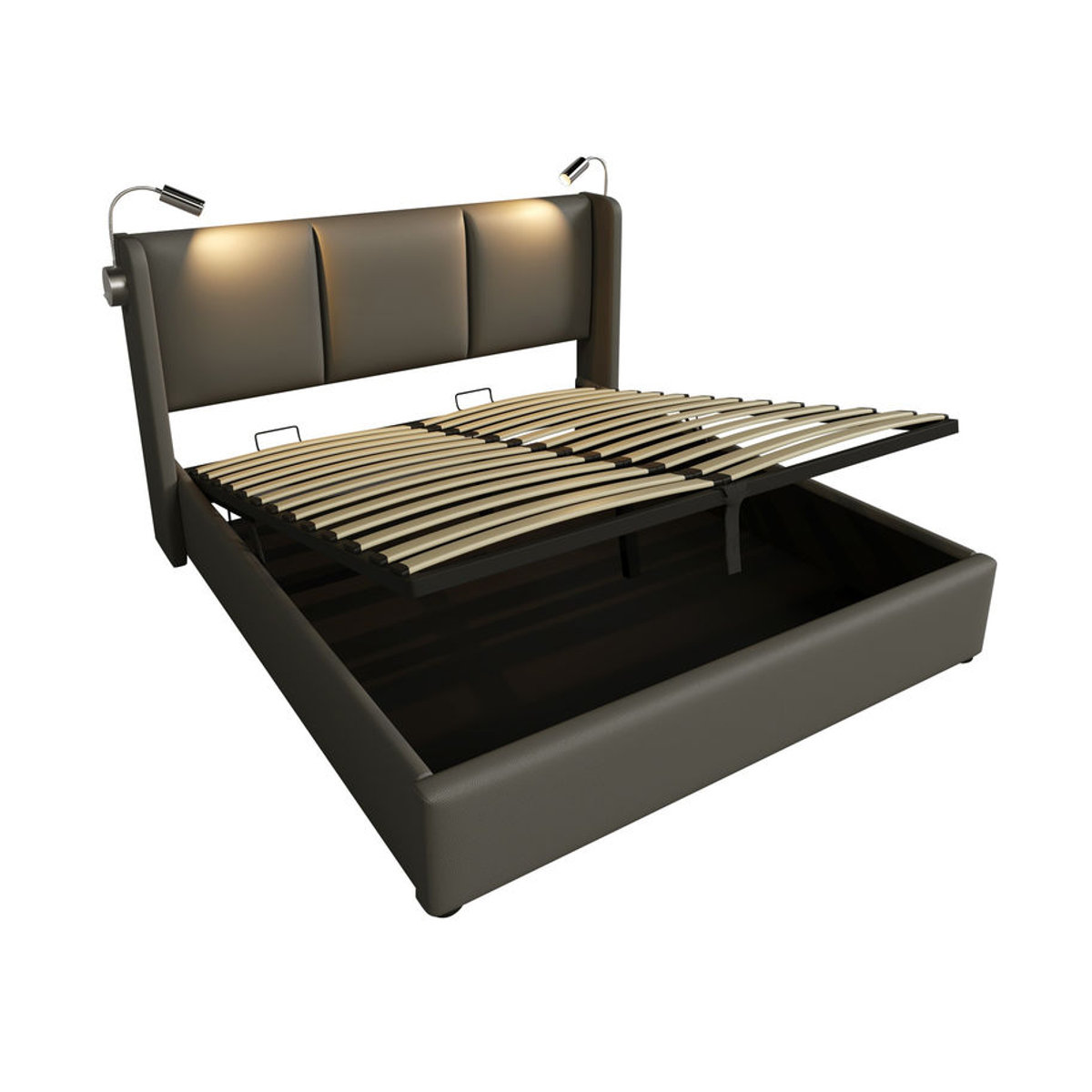 Aosom Massivholzbett Doppelbett mit Stauraum, USB-Ladefunktion und Leselampe in Grau, B/T/H: 160 x 200 cm - Bild 2