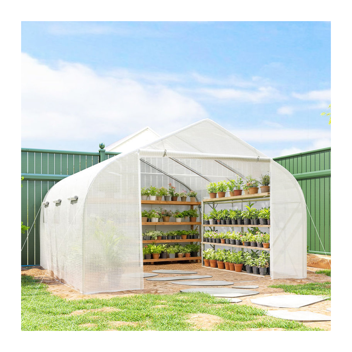 Aosom Outsunny Foliengewächshaus in Weiß mit UV-Schutz und Mesh-Fenstern, winddichtes Tomatenhaus aus Metall und Kunststoff, B/T/H: 445 x 299 x 205 cm - Bild 2