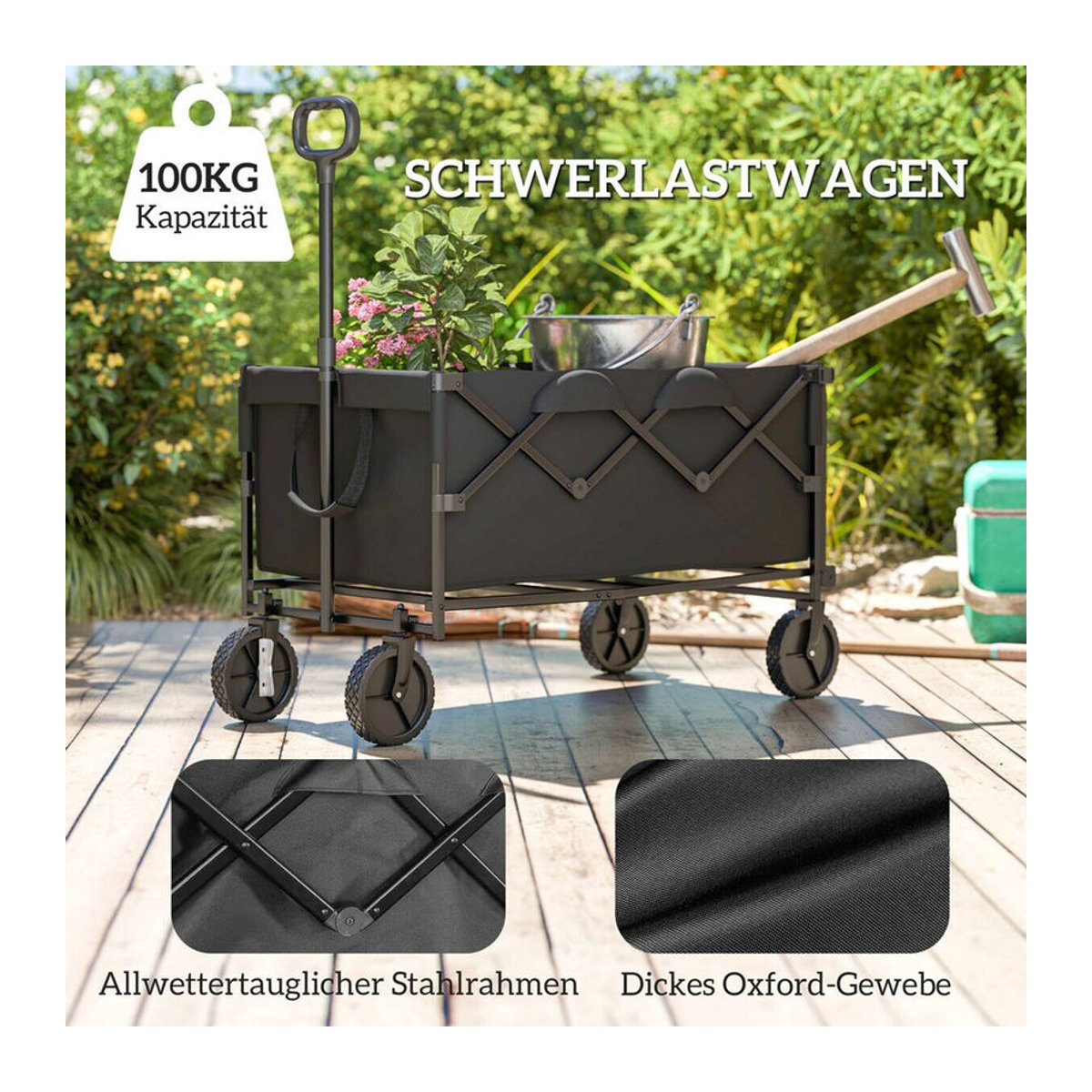 Aosom Outsunny Gartenwagen klappbar mit Plane in Schwarz, 160 Liter Fassungsvermögen, 100 kg belastbar, B/H/L: 55 x 102 x 95 cm - Bild 5