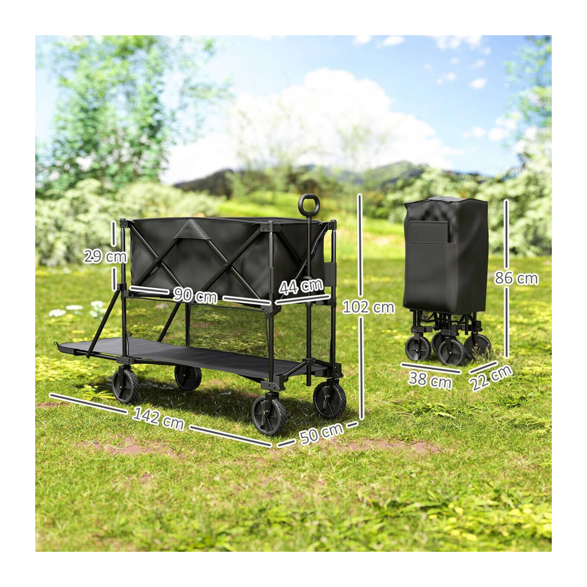 Aosom Outsunny Gartenwagen Schwarz mit Plane, klappbar, Belastbarkeit 200 kg, B/H/L: 50 x 102 x 142 cm - Bild 5