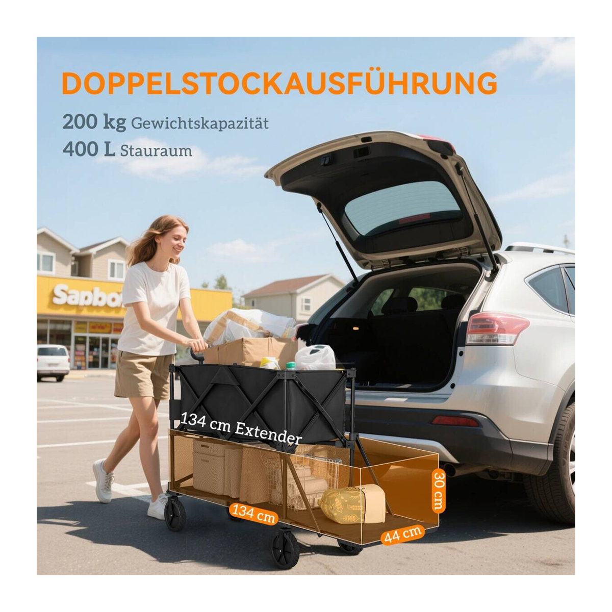 Aosom Outsunny Gartenwagen Schwarz mit Plane, klappbar, Belastbarkeit 200 kg, B/H/L: 50 x 102 x 142 cm - Bild 6
