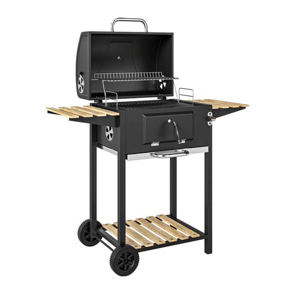 Aosom Outsunny Holzkohlegrill aus Edelstahl mit Deckel und Thermometer, fahrbarer Grillwagen in Schwarz mit Holzablage, B/T/H: 112 x 58 x 107 cm - Bild 1
