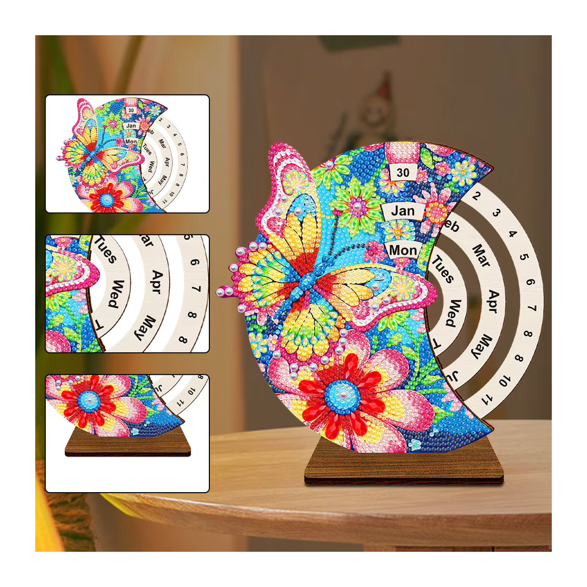 APWIKOGER Diamant Kunst Kalender aus Holz mit Schmetterlings-Motiv in Rot und Multicolor, 5D DIY Diamant Malerei Set als rotierender Schreibtisch-Kalender - Bild 2