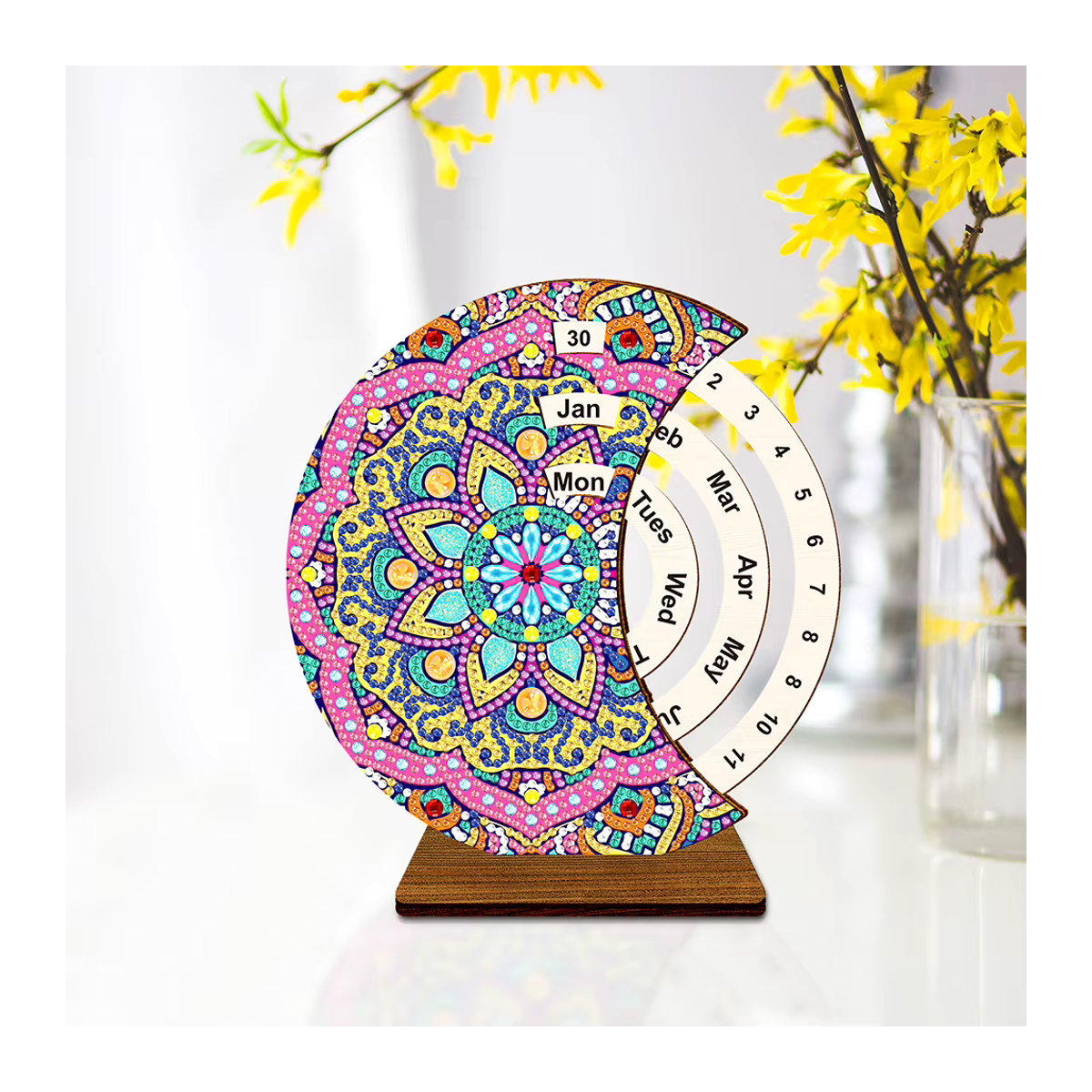 APWIKOGER Diamant Kunst Kalender aus Holz mit Schmetterlings-Motiv in Rot und Multicolor, 5D DIY Diamant Malerei Set als rotierender Schreibtisch-Kalender - Bild 3