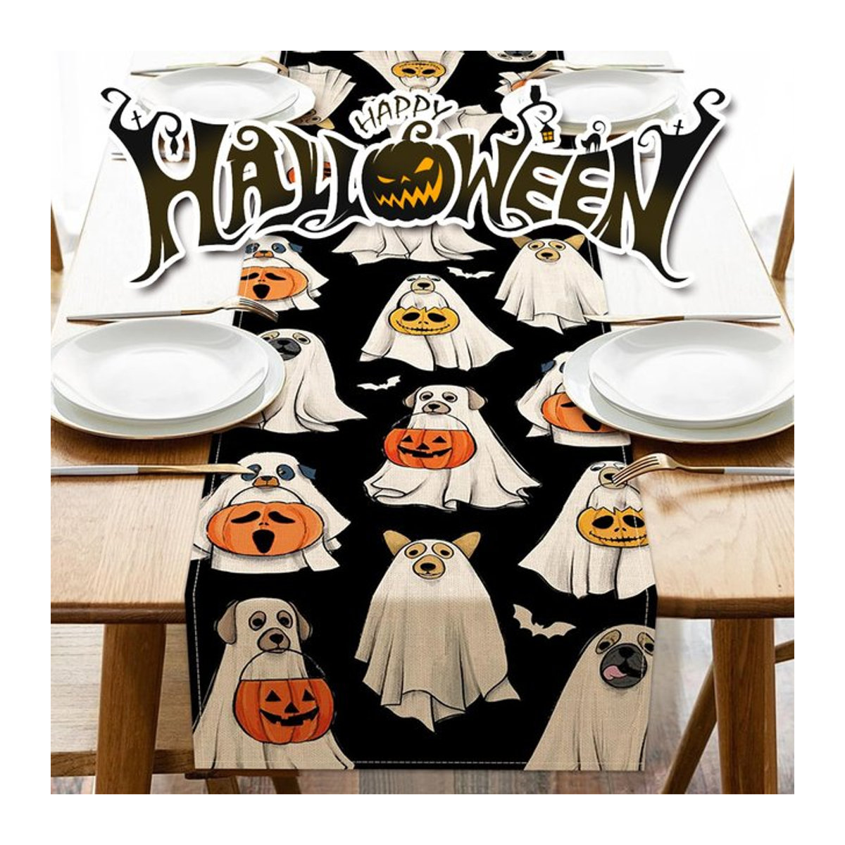 APWIKOGER Halloween Tischläufer mit Spooky Ghost, Hund, Kürbis und Fledermaus in Schwarz für Indoor und Outdoor Party Dekoration - Bild 1