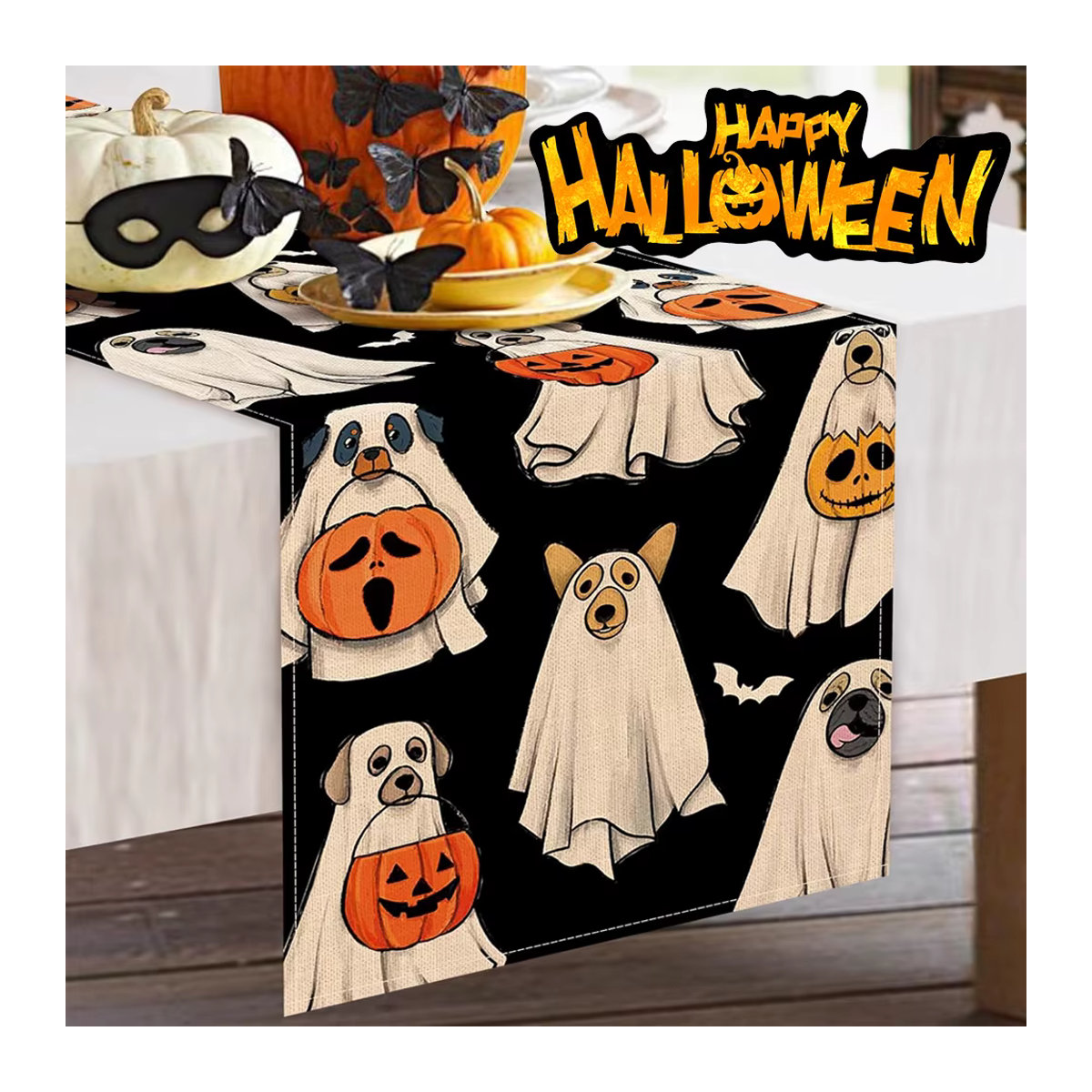 APWIKOGER Halloween Tischläufer mit Spooky Ghost, Hund, Kürbis und Fledermaus in Schwarz für Indoor und Outdoor Party Dekoration - Bild 2