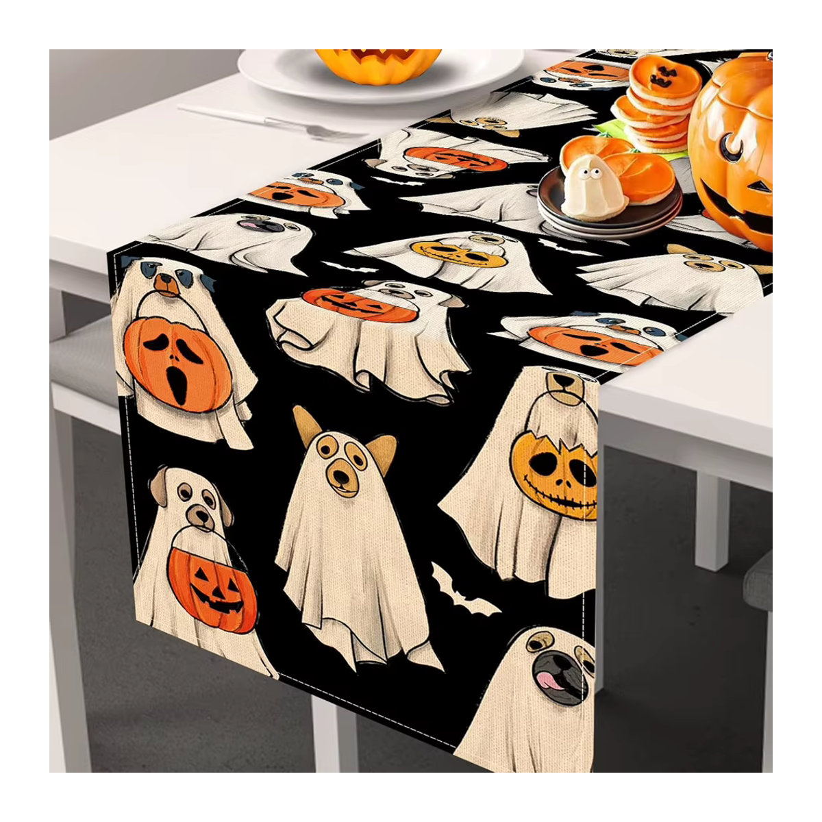 APWIKOGER Halloween Tischläufer mit Spooky Ghost, Hund, Kürbis und Fledermaus in Schwarz für Indoor und Outdoor Party Dekoration - Bild 4