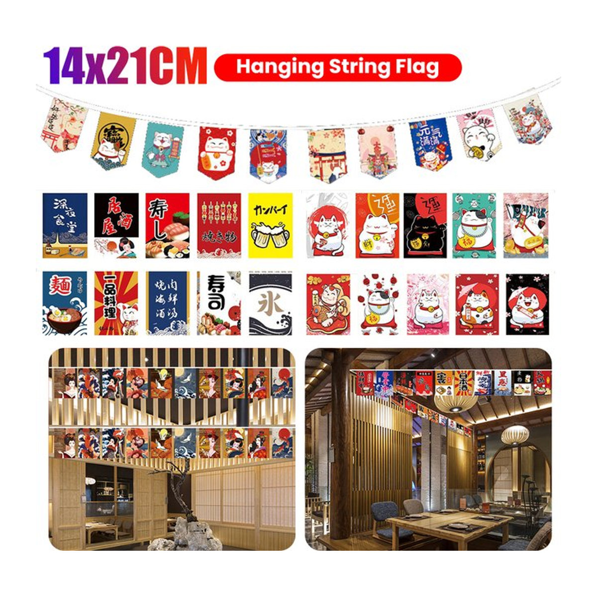 APWIKOGER Japanische Hängende Schnur Flagge mit Glücklicher Katze, Mehrfarbige Textil-Wimpelkette für Sushi Restaurant, Izakaya oder Dekoration zu Geburtstag, Hochzeit und Halloween - Bild 1