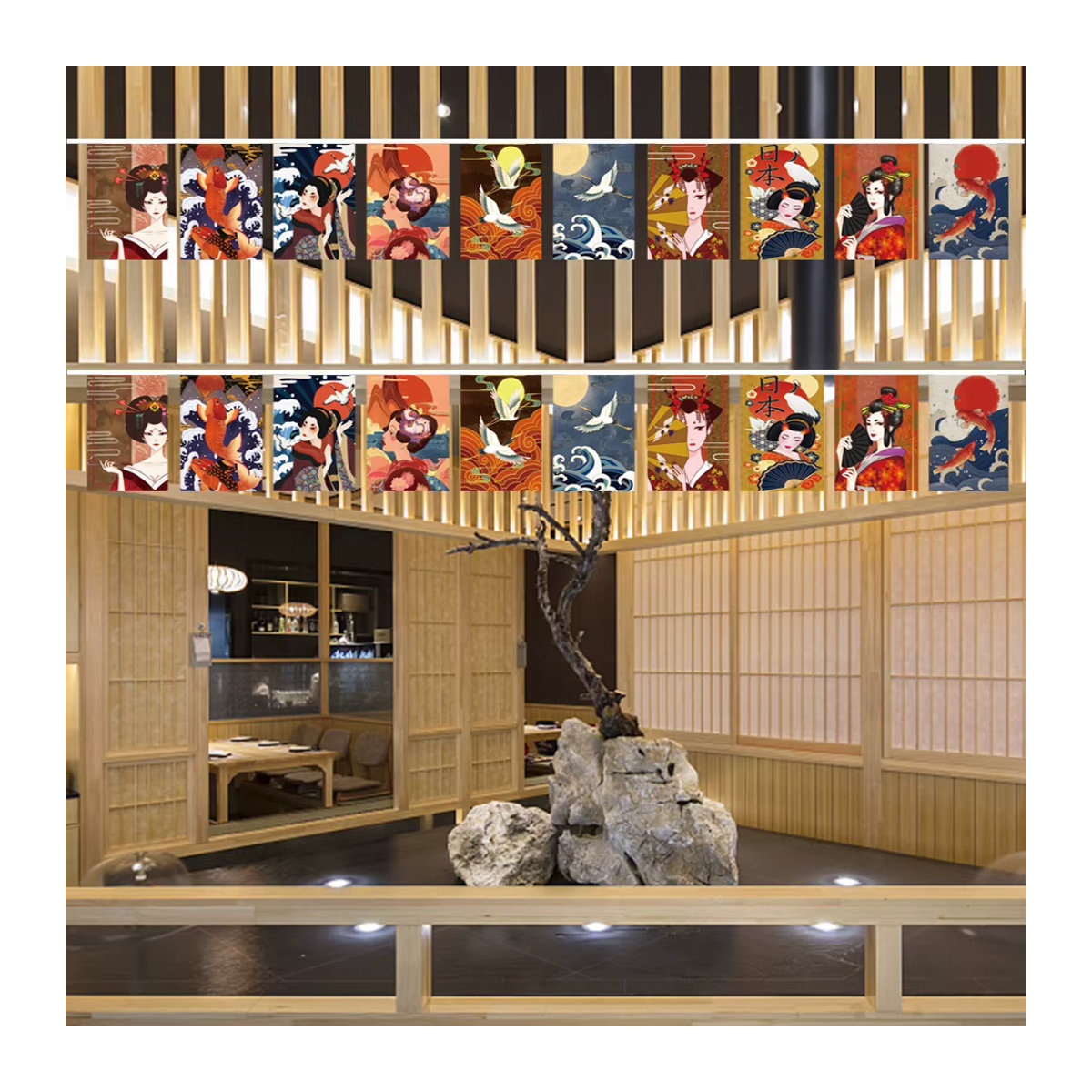 APWIKOGER Japanische Hängende Schnur Flagge mit Glücklicher Katze, Mehrfarbige Textil-Wimpelkette für Sushi Restaurant, Izakaya oder Dekoration zu Geburtstag, Hochzeit und Halloween - Bild 4
