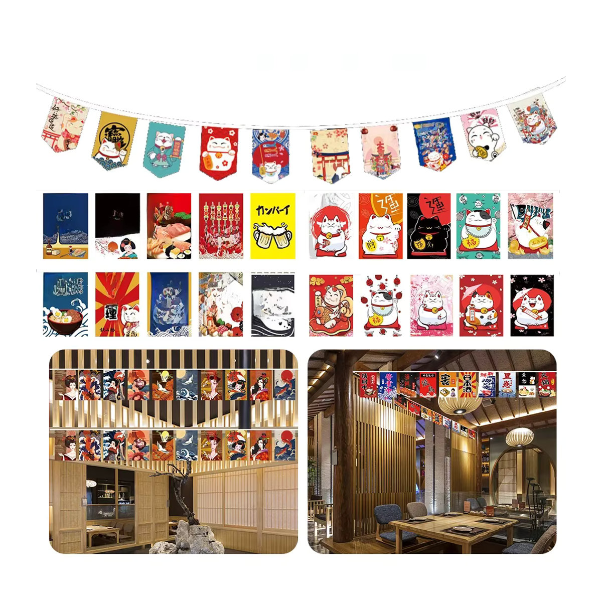 APWIKOGER Japanische Hängende Schnur Flagge mit Glücklicher Katze, Mehrfarbige Textil-Wimpelkette für Sushi Restaurant, Izakaya oder Dekoration zu Geburtstag, Hochzeit und Halloween - Bild 6
