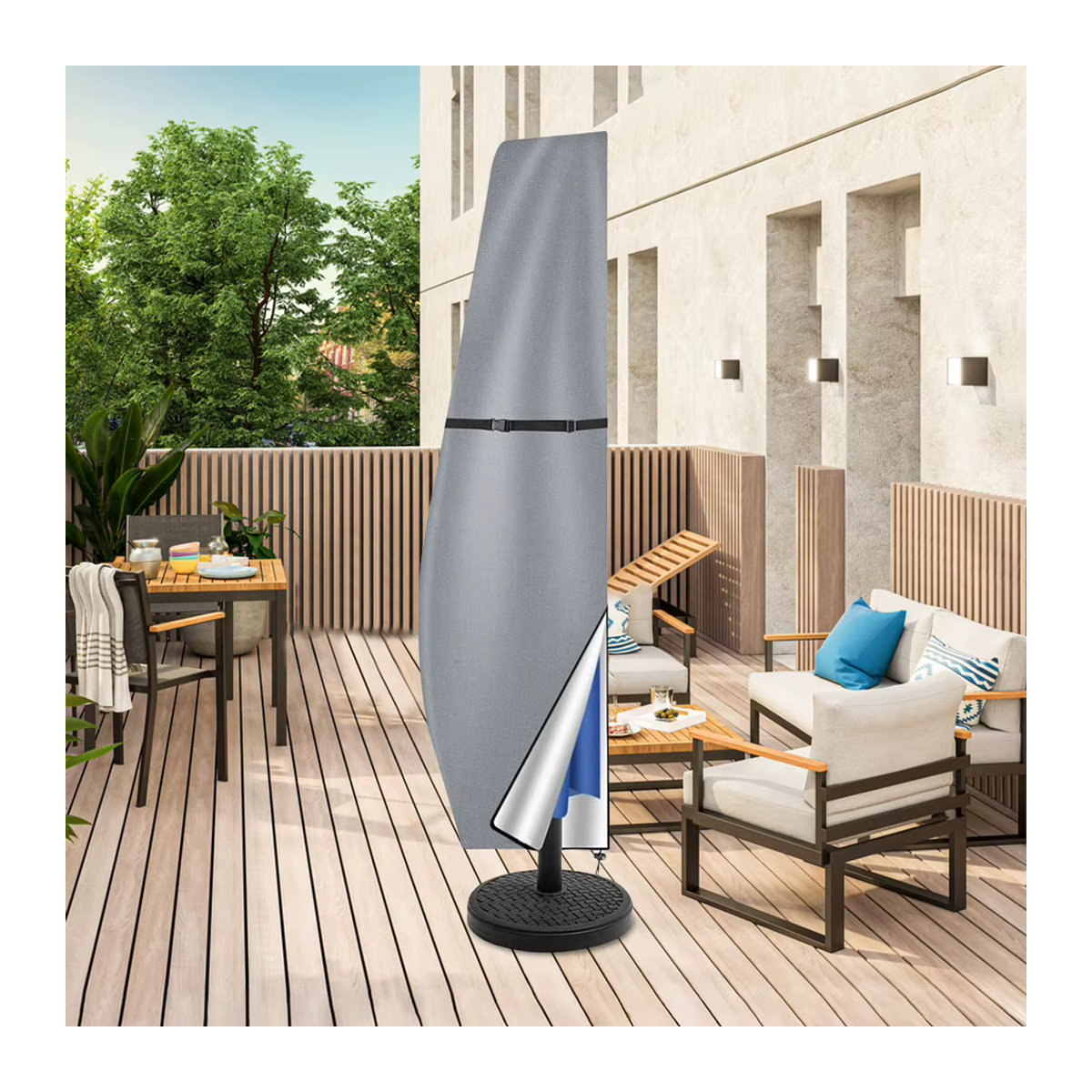 APWIKOGER Sonnenschirm-Abdeckung für Terrassenschirme, wasserdicht und UV-beständig mit Reißverschluss, Schwarz, Durchmesser: 170 cm - Bild 4