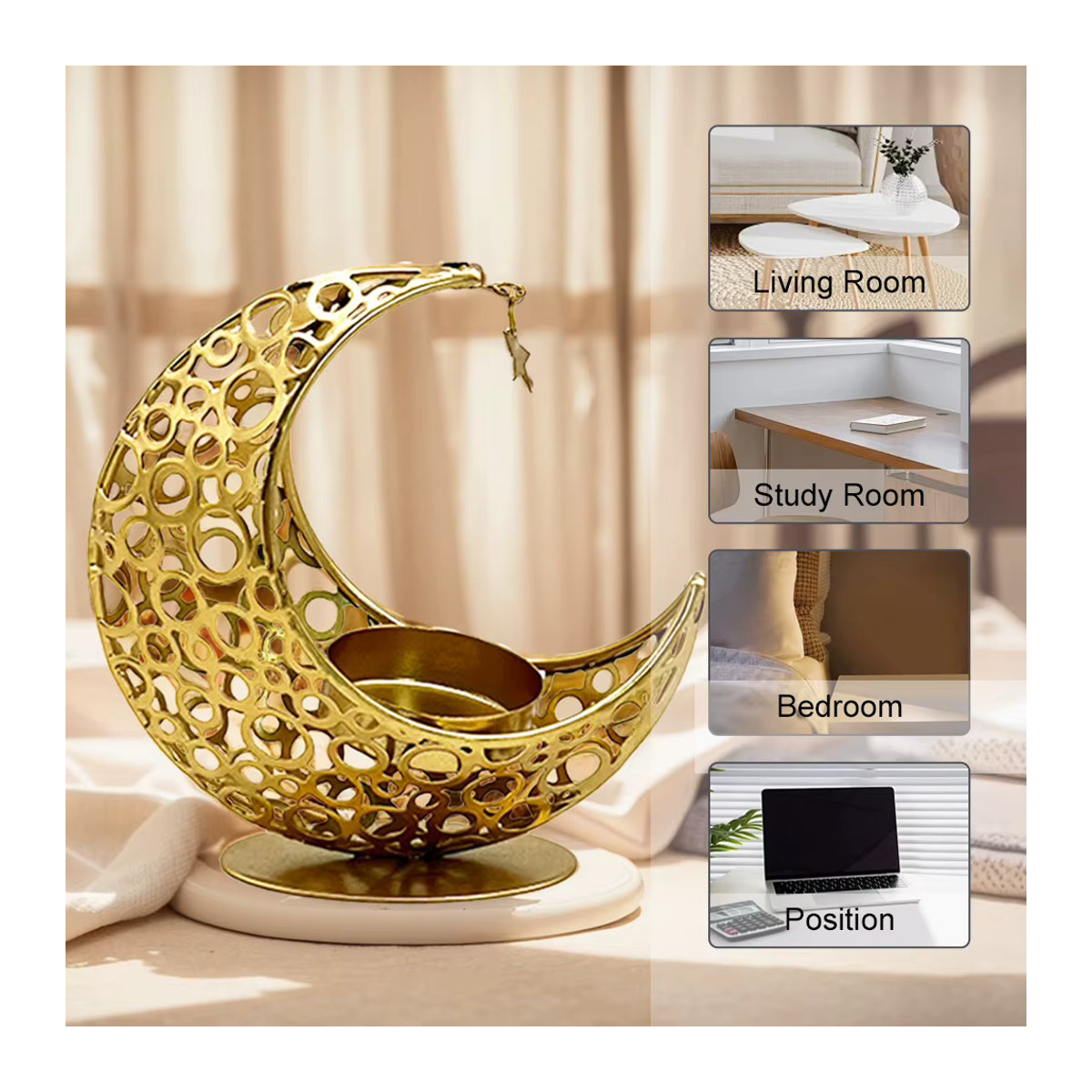 APWIKOGER Teelichthalter aus Metall in Schwarz und Gold für Ramadan und Eid Mubarak, Orientalische Tischdekoration mit geometrischem Design - Bild 2