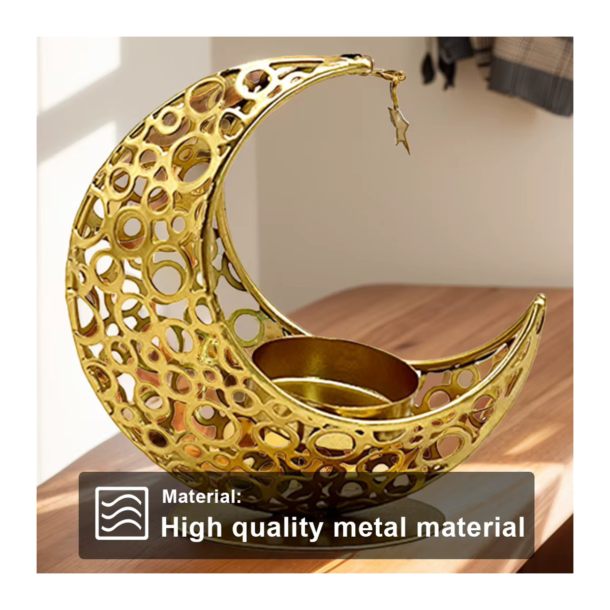 APWIKOGER Teelichthalter aus Metall in Schwarz und Gold für Ramadan und Eid Mubarak, Orientalische Tischdekoration mit geometrischem Design - Bild 4