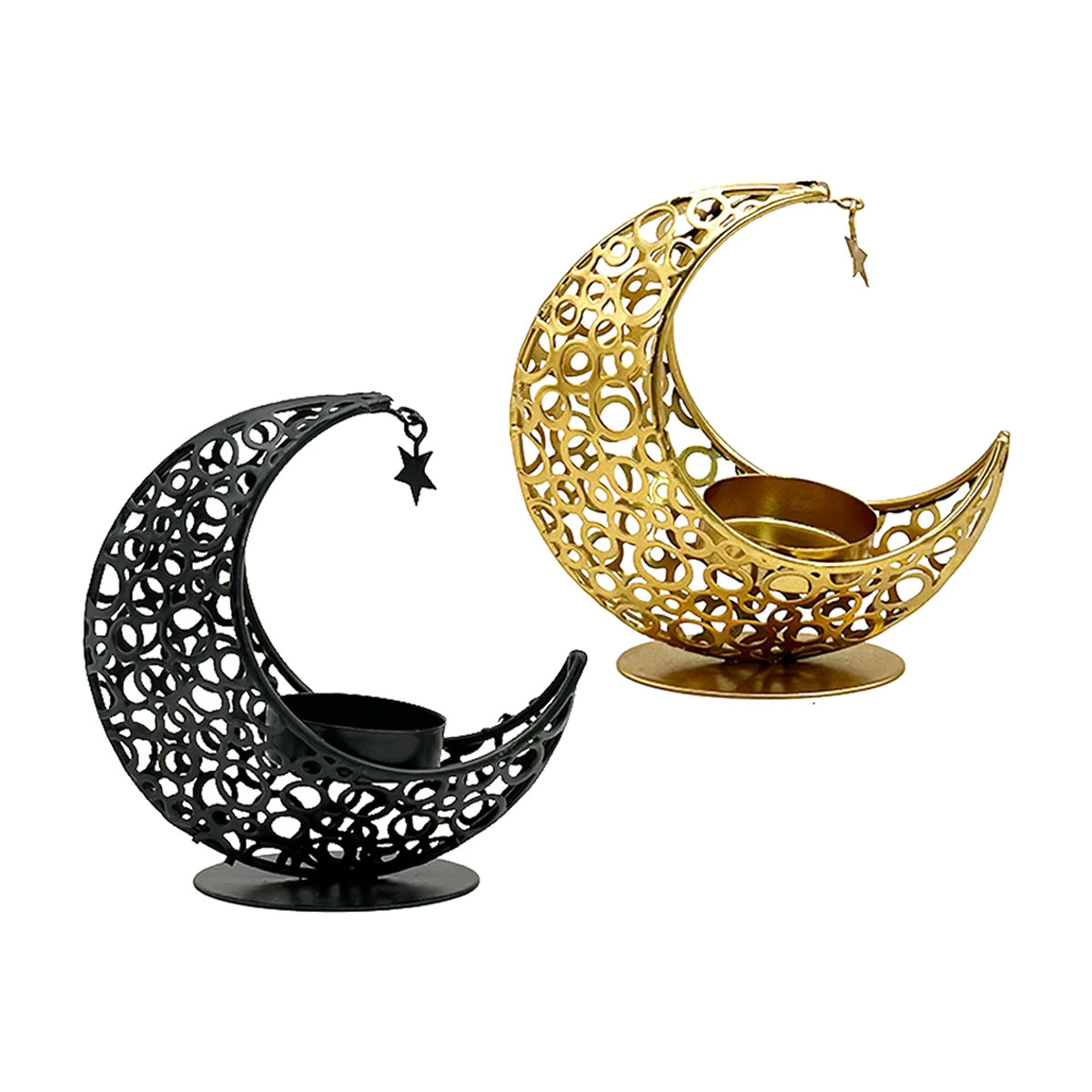 APWIKOGER Teelichthalter aus Metall in Schwarz und Gold für Ramadan und Eid Mubarak, Orientalische Tischdekoration mit geometrischem Design - Bild 5