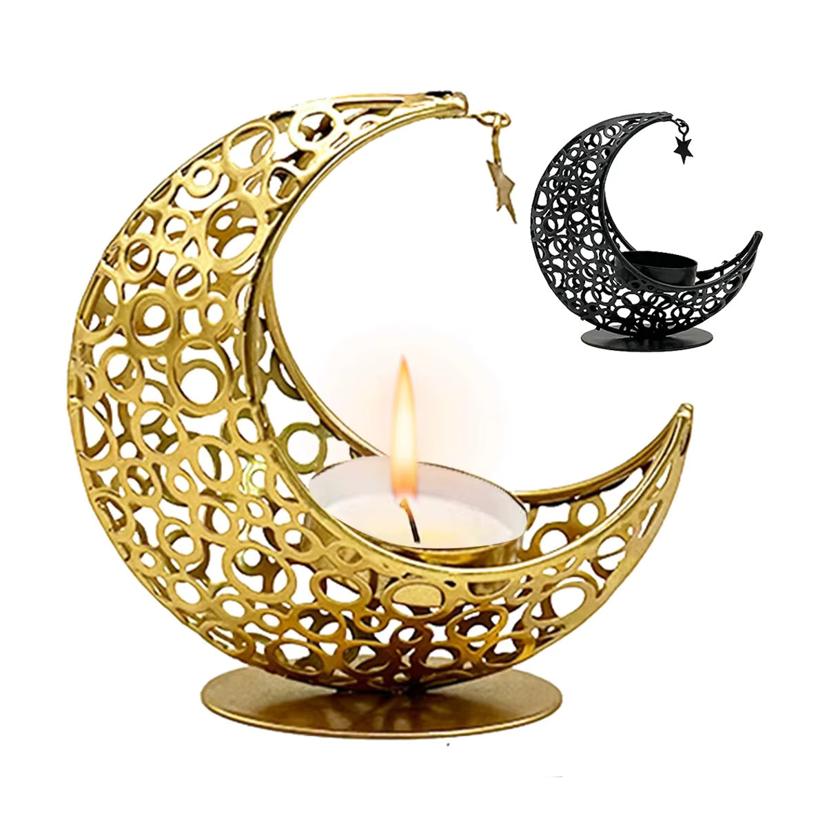 APWIKOGER Teelichthalter aus Metall in Schwarz und Gold für Ramadan und Eid Mubarak, Orientalische Tischdekoration mit geometrischem Design - Bild 6