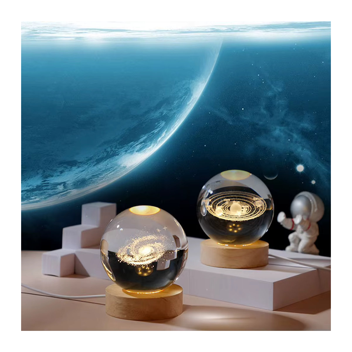 APWIKOGER USB LED Nachtlicht Galaxy Kristallkugel 3D Mond und Planet Tischlampe aus Glas in Bunt und Warmweiß - Bild 2