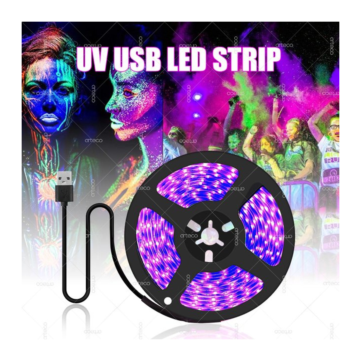 Arteco UV-LED-Streifen mit USB und DC5V, 2835 LED-Diodenband in Schwarz für Party, Heimdekoration und Gelderkennung - Bild 1