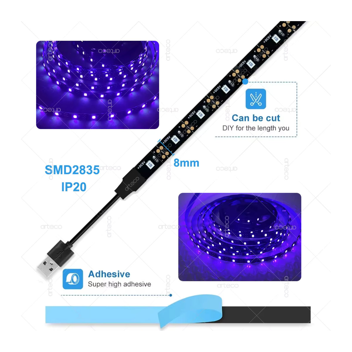 Arteco UV-LED-Streifen mit USB und DC5V, 2835 LED-Diodenband in Schwarz für Party, Heimdekoration und Gelderkennung - Bild 3