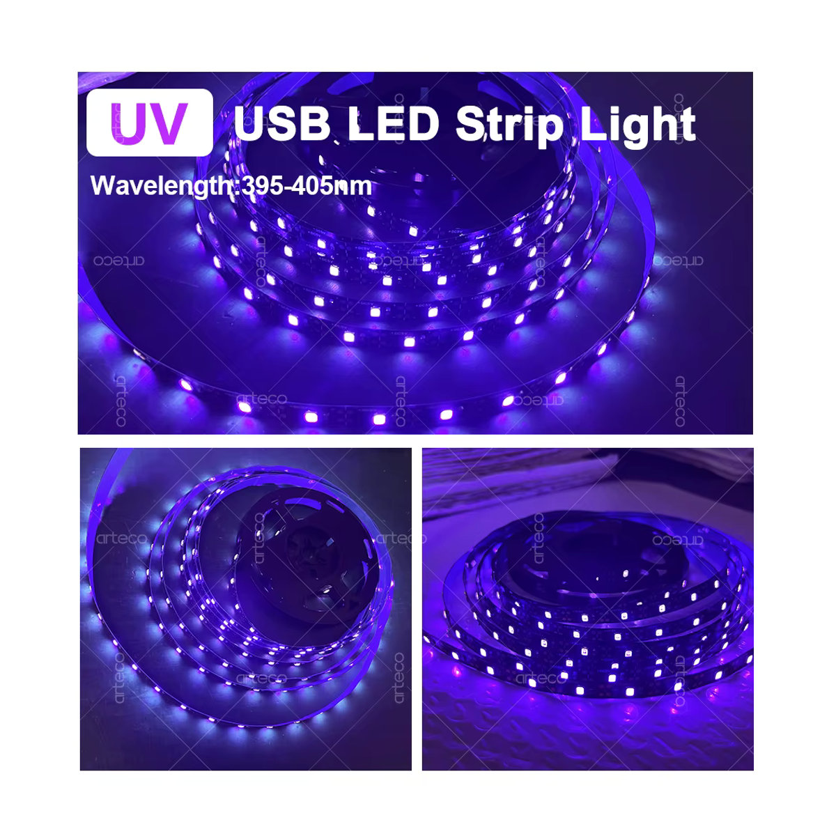 Arteco UV-LED-Streifen mit USB und DC5V, 2835 LED-Diodenband in Schwarz für Party, Heimdekoration und Gelderkennung - Bild 4