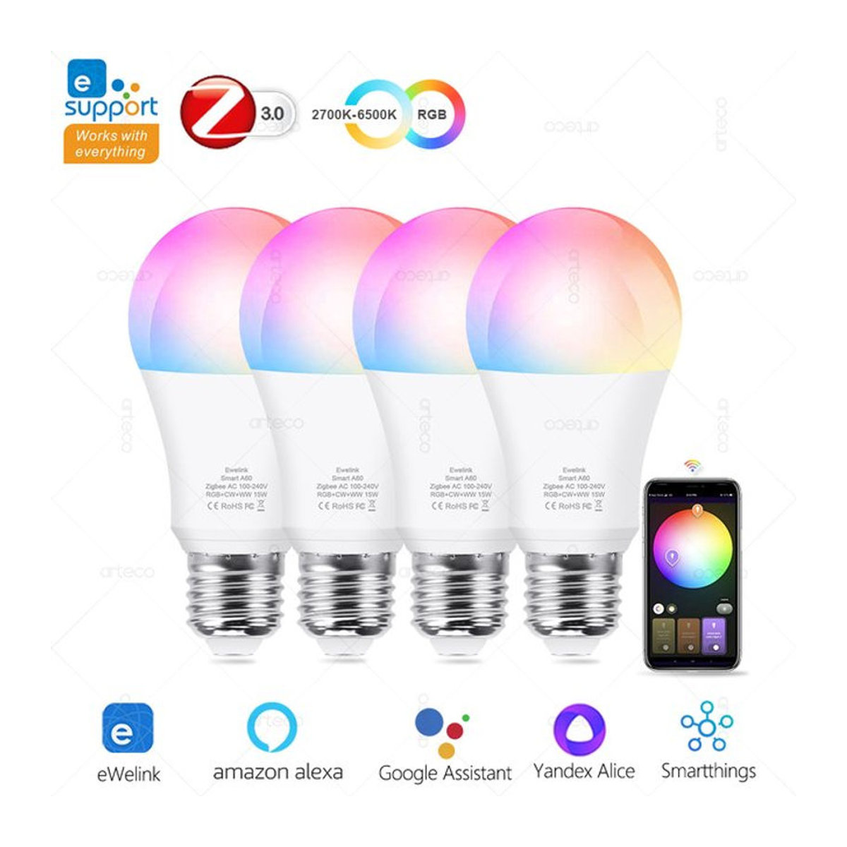 Arteco Zigbee Smart Lampe E27 RGB LED mit 18W in Bunt für Alexa und Google Home - Bild 1