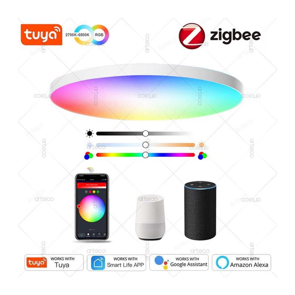 Arteco Zigbee Smart LED Deckenlampe RGB CW mit Tuya App-Steuerung und Alexa-Kompatibilität, Bunt, Minimalistisch - Bild 1