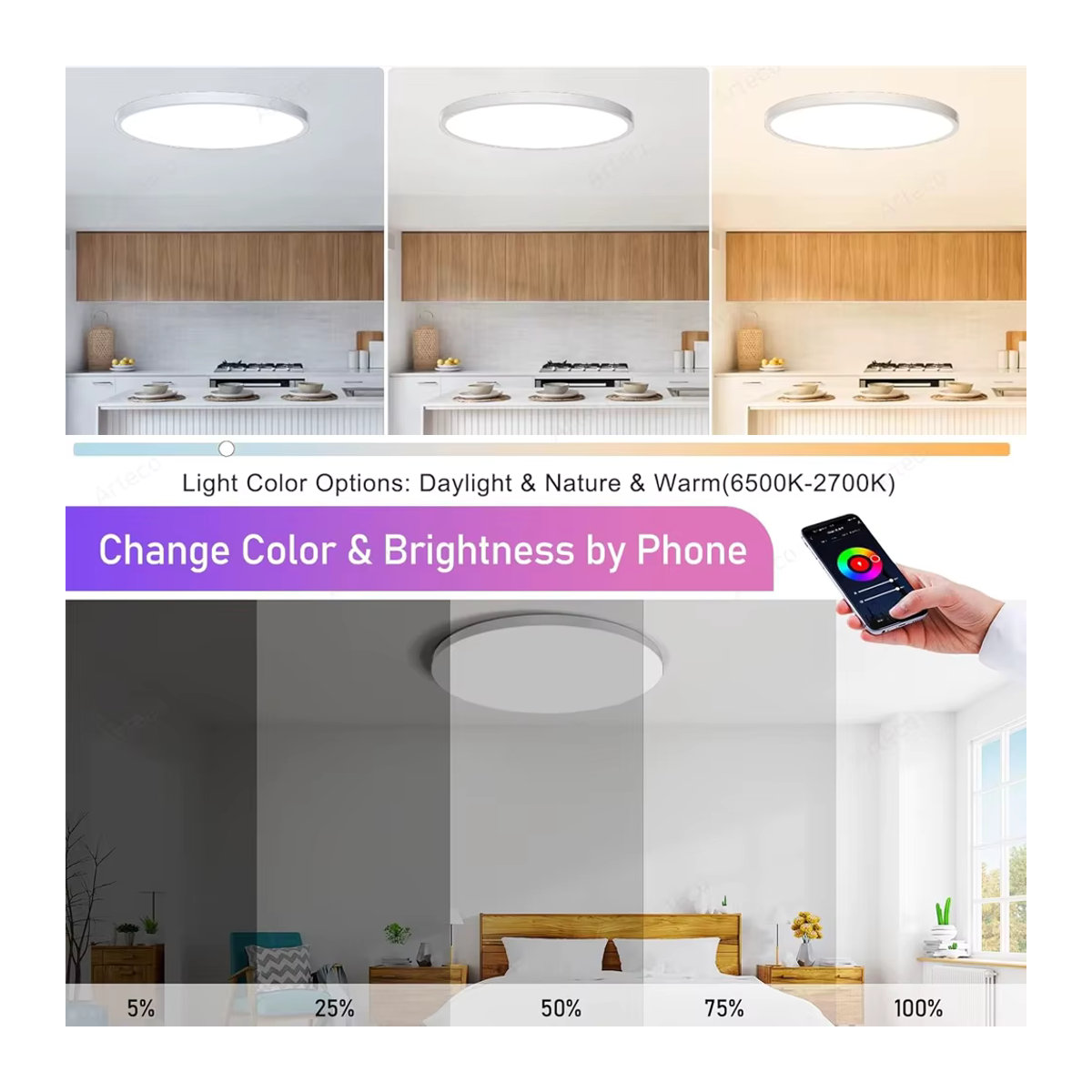 Arteco Zigbee Smart LED Deckenlampe RGB CW mit Tuya App-Steuerung und Alexa-Kompatibilität, Bunt, Minimalistisch - Bild 2