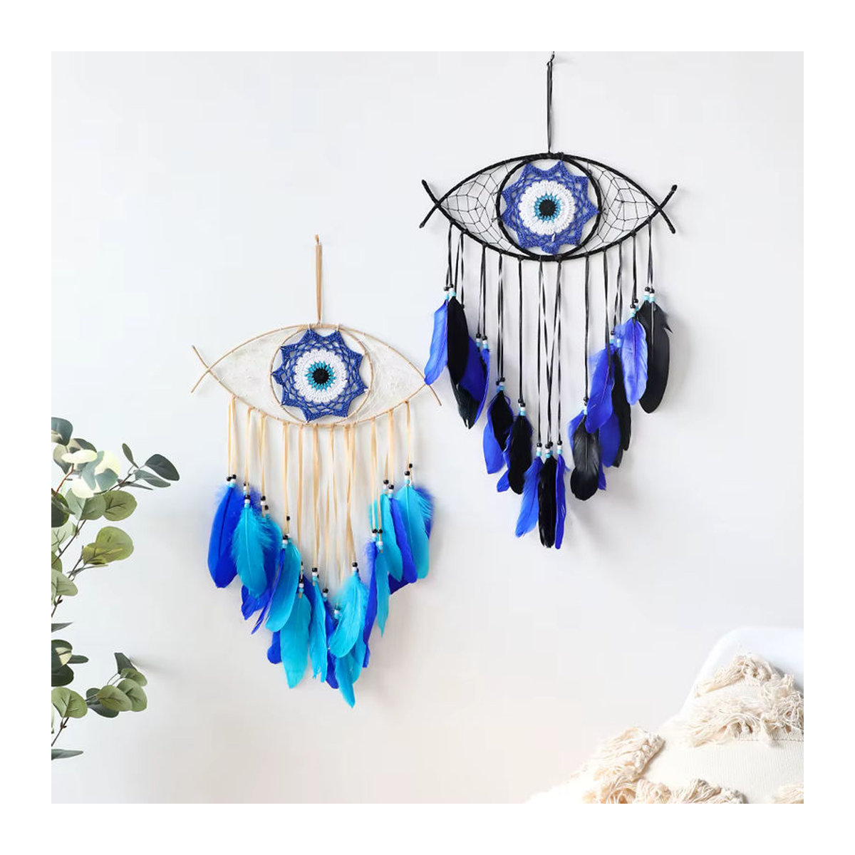 Artilady Evil Eye Traumfänger Boho Wanddekoration in Blau und Mehrfarbig mit Federn und Textil - Bild 2