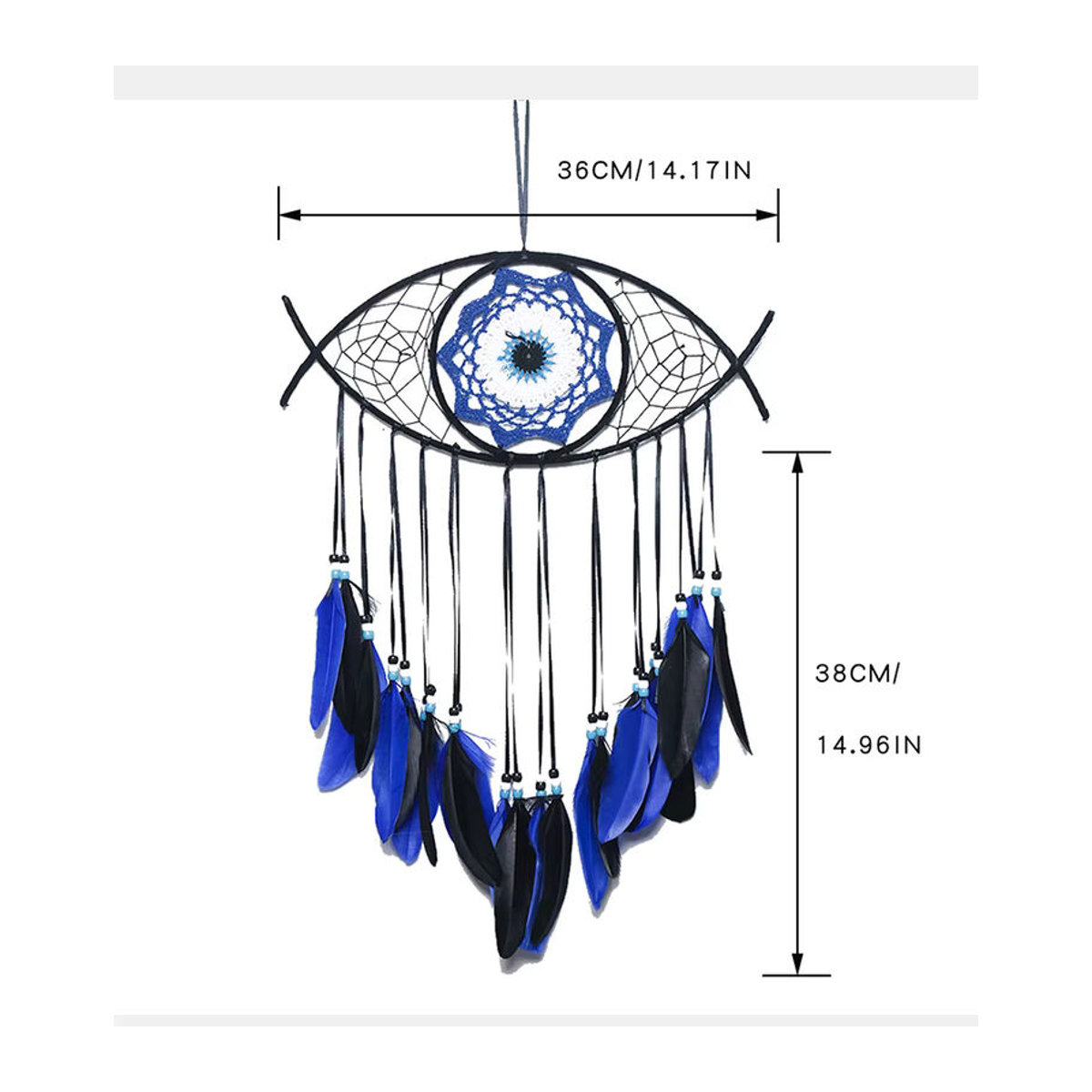 Artilady Evil Eye Traumfänger Boho Wanddekoration in Blau und Mehrfarbig mit Federn und Textil - Bild 3