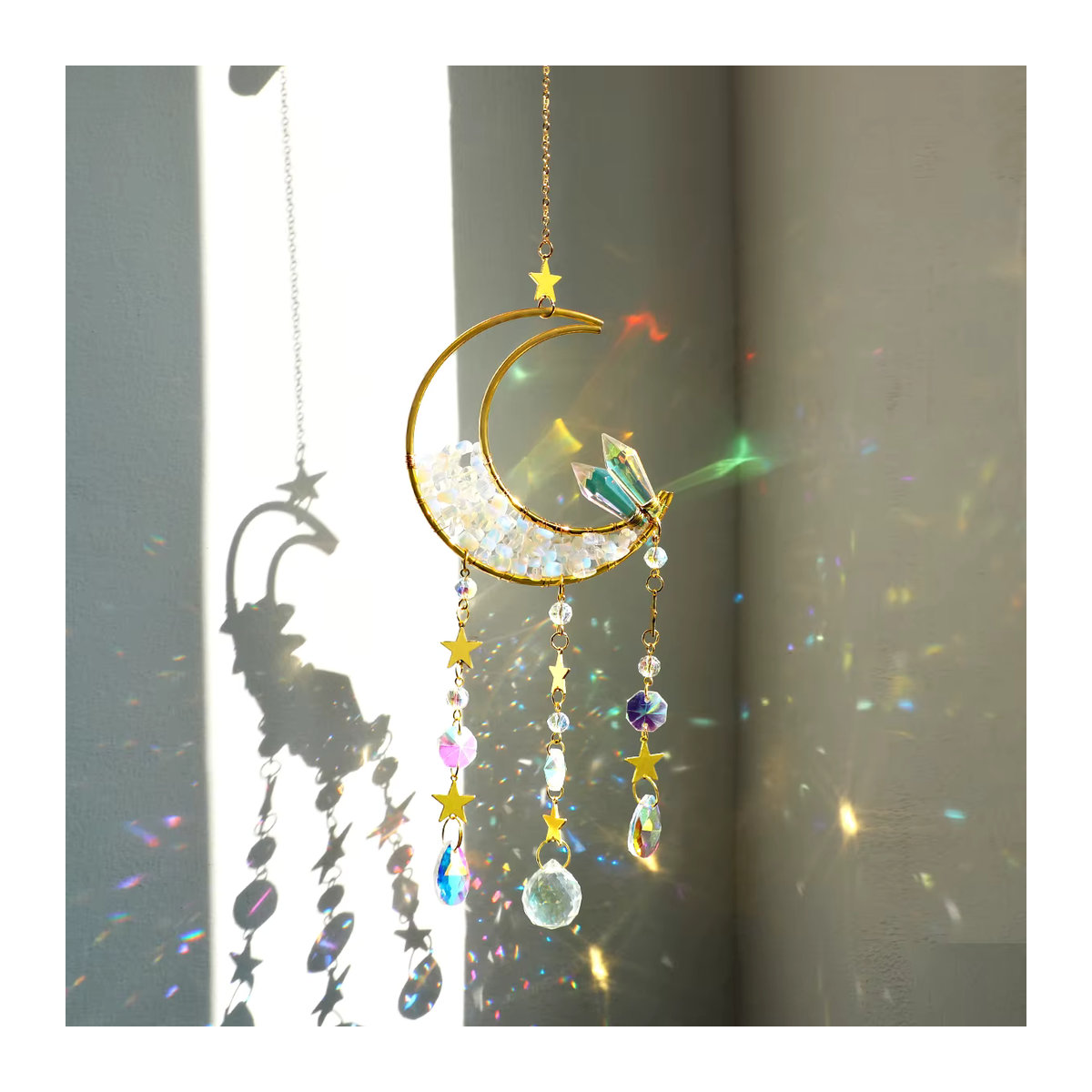 Artilady Kristall Sonnenfänger aus Glas in Bohemian Design mit Mond und Prisma, mehrfarbig hängend - Bild 4