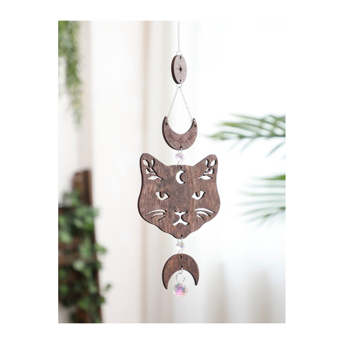 Artilady Wandbehang aus Holz mit Katzen- und Mondphasen-Design in Braun im Bohemian Stil - Bild 1