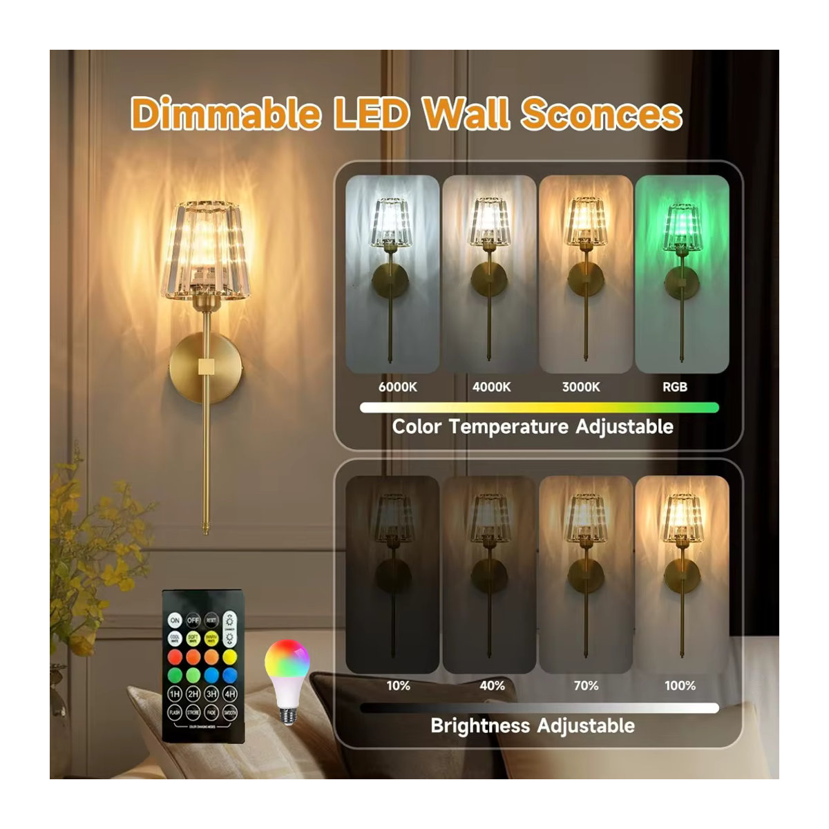 ASCELINA Moderne Kristall Wandleuchte mit RGB Fernbedienung in Schwarz, Gold oder Chrom - Bild 4