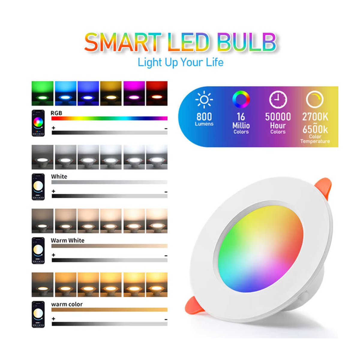 Asign Smart Bluetooth RGB LED-Einbaustrahler 10W, dimmbar und CCT-Steuerung, Weiß/Bunt - Bild 3