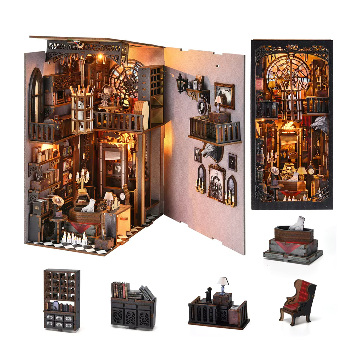 ASLOWSNAIL Book Nook Kit Dark Family DIY Holzpuzzle im Gothic-Stil für Halloween, schwarzes Modell für das Bücherregal als dekorative Buchstütze - Bild 2