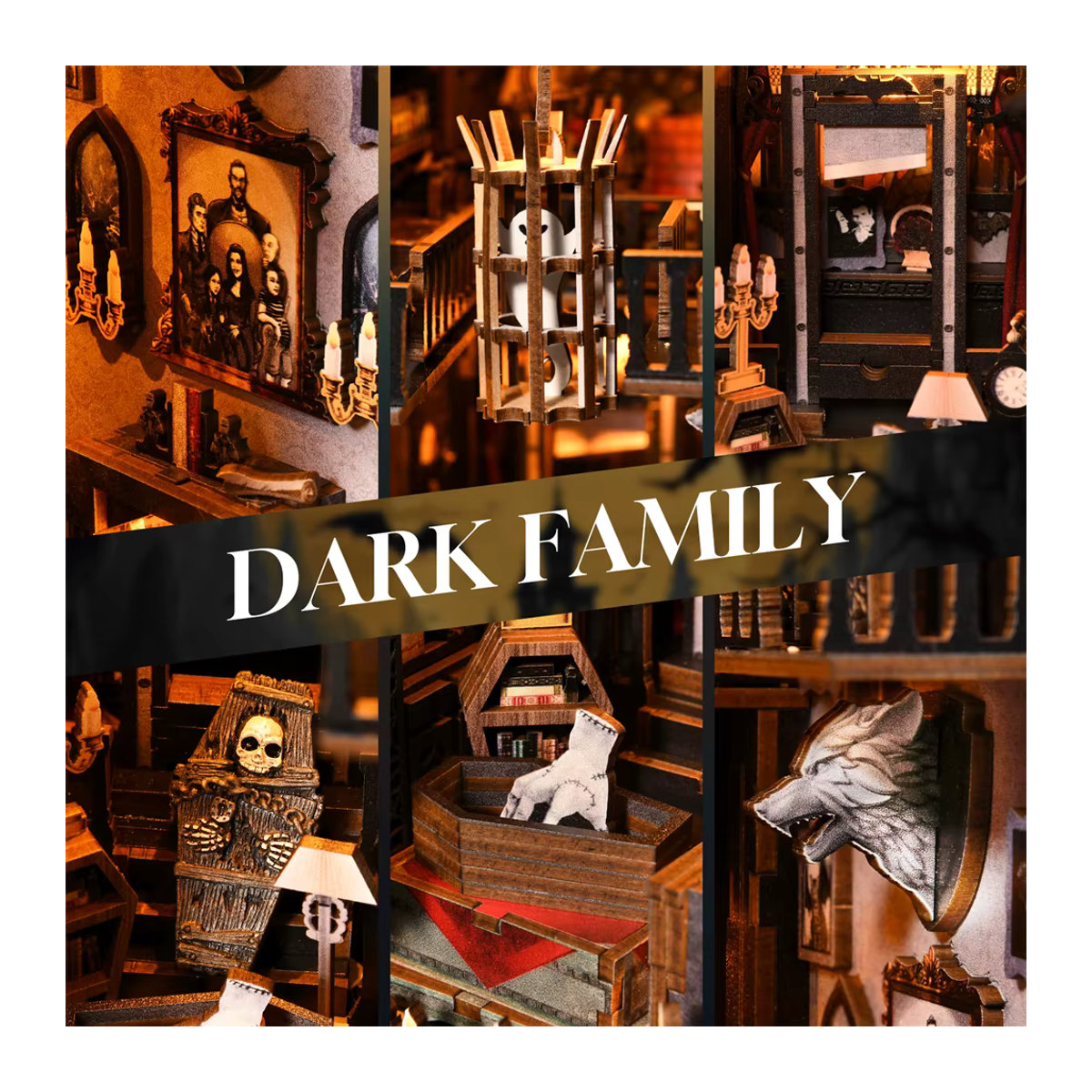 ASLOWSNAIL Book Nook Kit Dark Family DIY Holzpuzzle im Gothic-Stil für Halloween, schwarzes Modell für das Bücherregal als dekorative Buchstütze - Bild 3