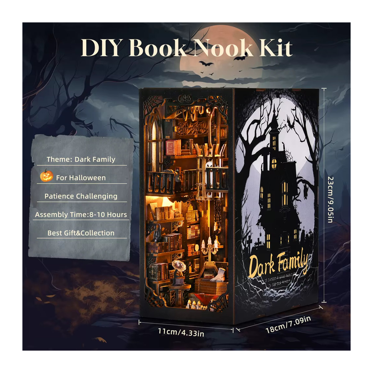 ASLOWSNAIL Book Nook Kit Dark Family DIY Holzpuzzle im Gothic-Stil für Halloween, schwarzes Modell für das Bücherregal als dekorative Buchstütze - Bild 4