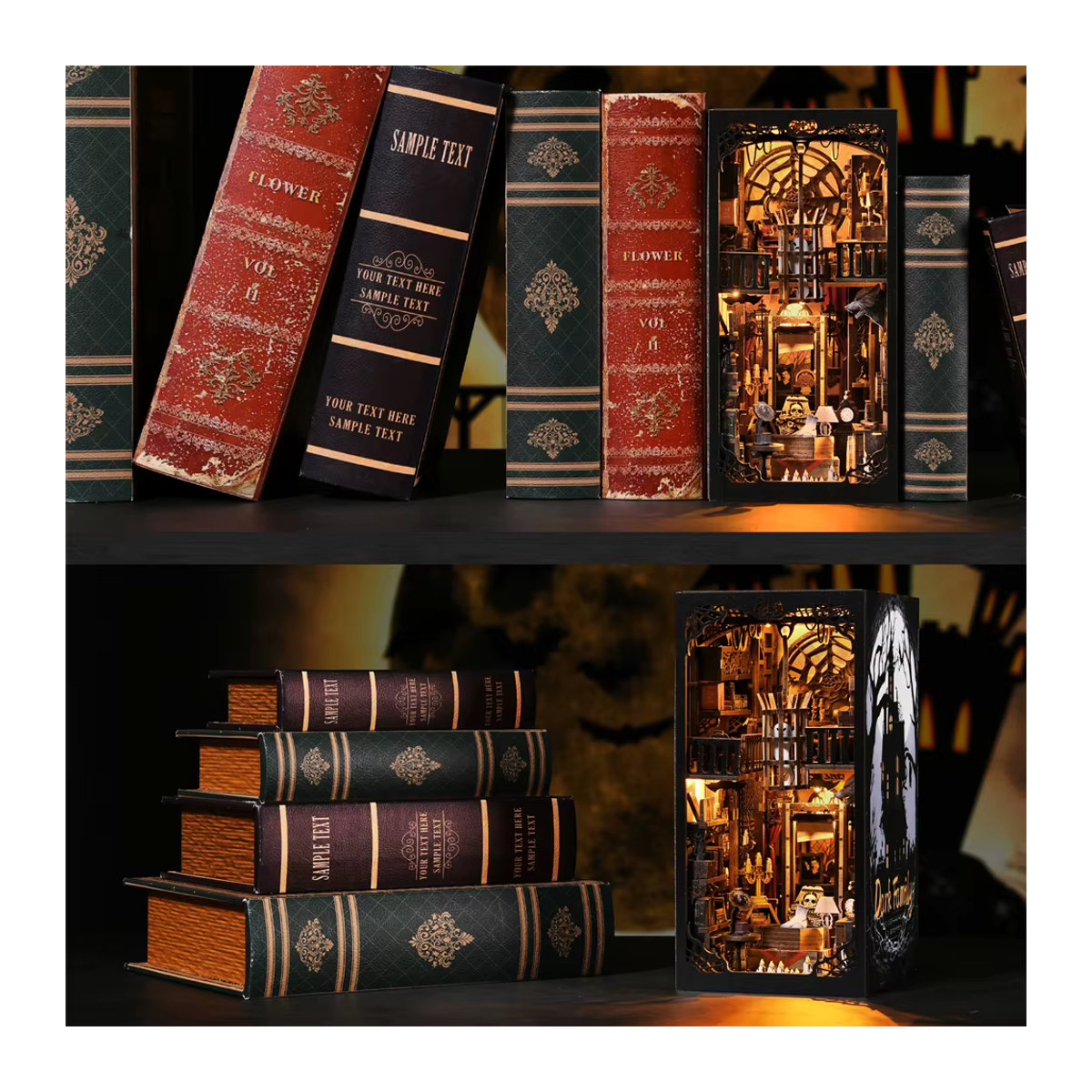 ASLOWSNAIL Book Nook Kit Dark Family DIY Holzpuzzle im Gothic-Stil für Halloween, schwarzes Modell für das Bücherregal als dekorative Buchstütze - Bild 5