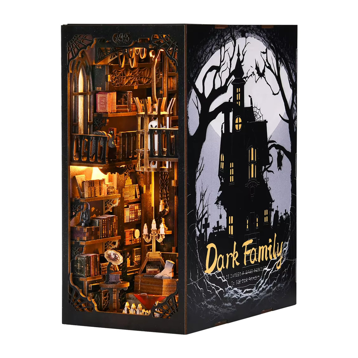 ASLOWSNAIL Book Nook Kit Dark Family DIY Holzpuzzle im Gothic-Stil für Halloween, schwarzes Modell für das Bücherregal als dekorative Buchstütze - Bild 6