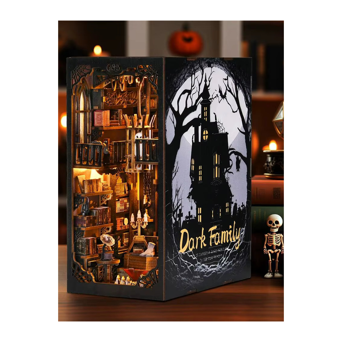 ASLOWSNAIL Book Nook Kit Dark Family DIY Holzpuzzle im Gothic-Stil für Halloween, schwarzes Modell für das Bücherregal als dekorative Buchstütze - Bild 7
