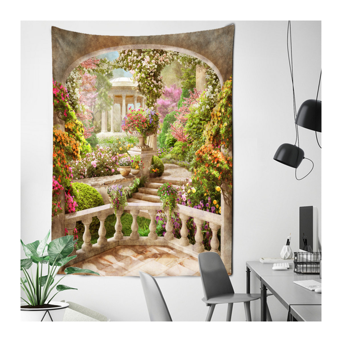 Ästhetischer Wandbehang mit Landschafts- und Blumenmotiv in Mehrfarbig, Rechteckig - Bild 1
