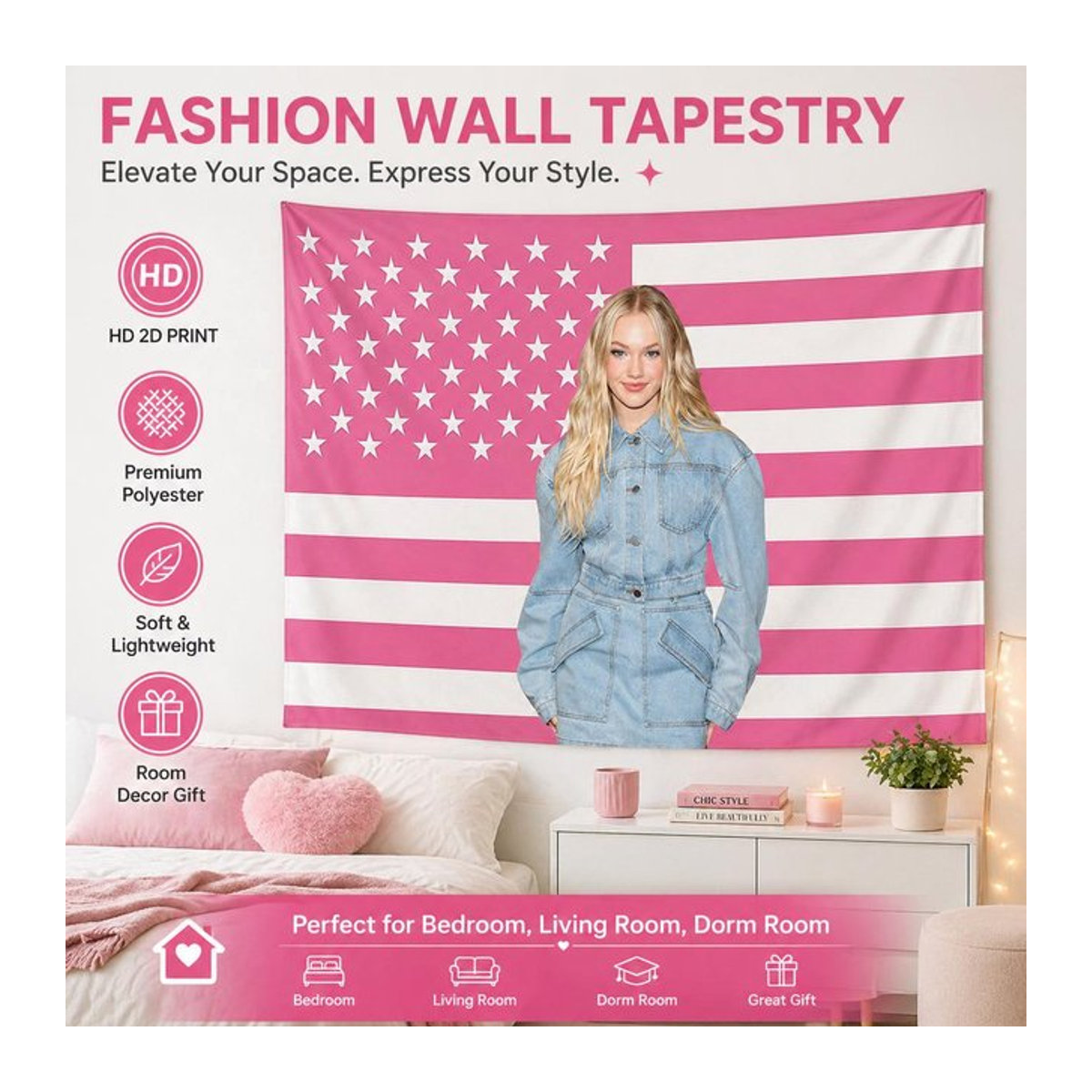 Ästhetischer Wandteppich Freya S-Skye in Rosa, Girl Power Wandbehang aus Polyester, B: 40 cm, H: 60 cm - Bild 1