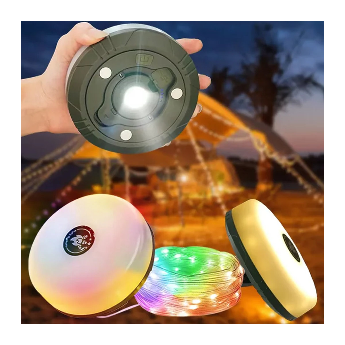 ATcomm 2 in 1 LED-Campinglampe und RGB-Lichterkette, 10 m Länge, wasserdicht und wiederaufladbar - Bild 1