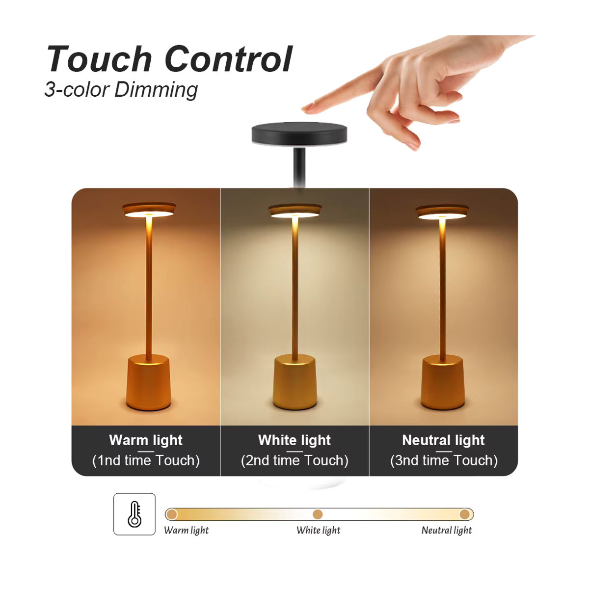 ATcomm LED Tischlampe aus Metall in Weiß mit Touch-Funktion und drei Lichtfarben, wiederaufladbare kabellose Schreibtischlampe im minimalistischen Design - Bild 2