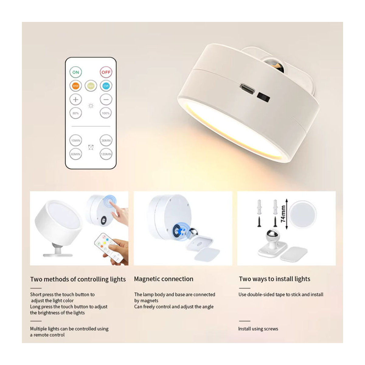 ATcomm Magnetische LED-Wandleuchte in Weiß, kabellose wiederaufladbare Wandlampe mit 360 Grad Rotation und Fernbedienung, minimalistisches Umgebungslicht zur Raumdekoration - Bild 4