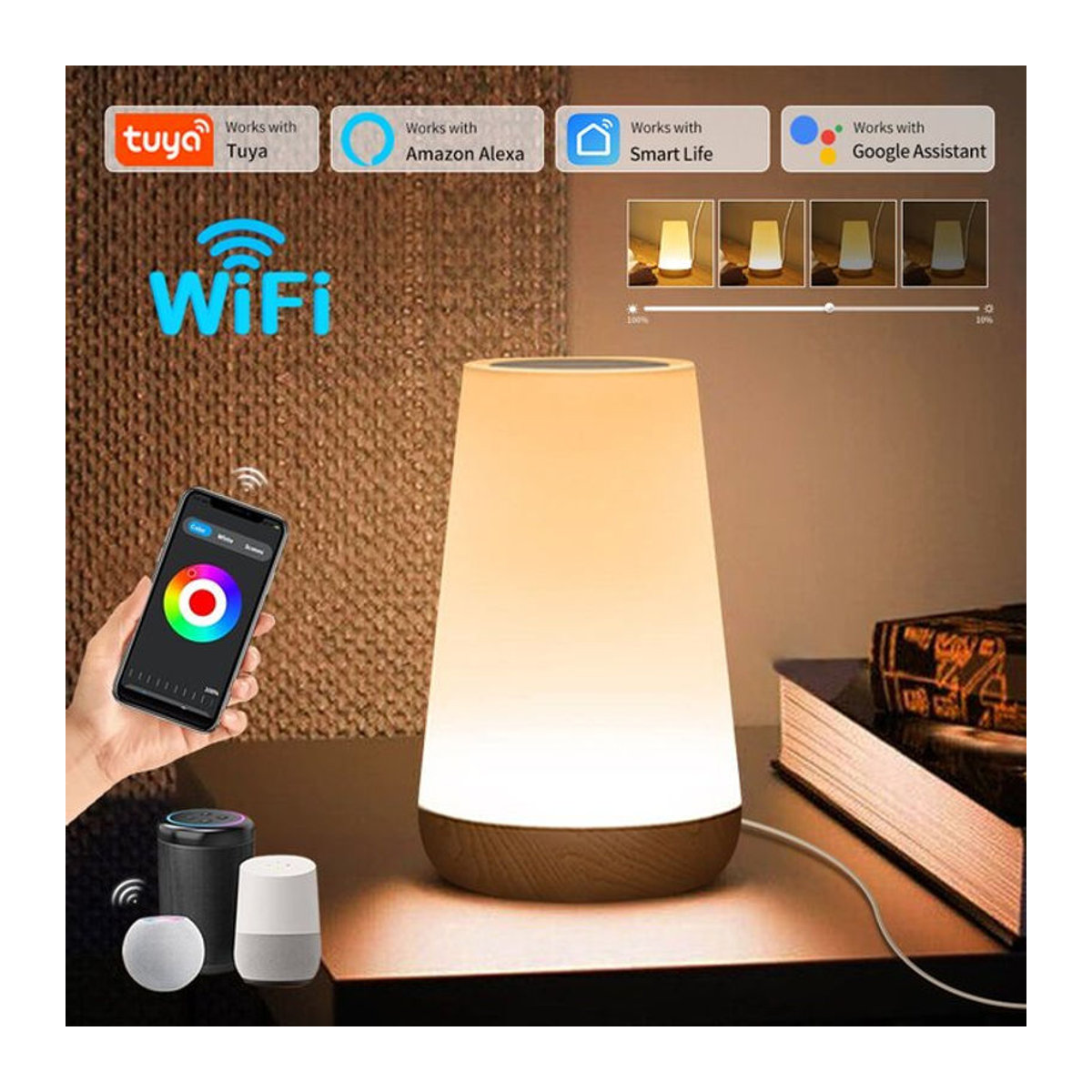ATcomm Smart Nachttischlampe mit LED und USB-Ladefunktion, Tuya Wifi Nachtlicht mit Touch-Steuerung und Dimmfunktion, kompatibel mit Alexa und Google Home, bunt, Holz-Design - Bild 1