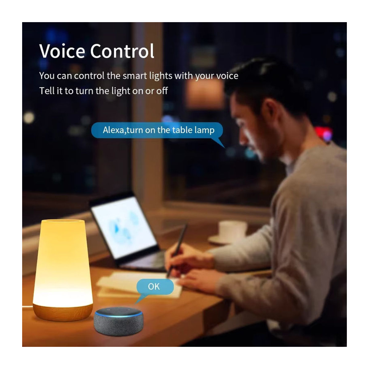 ATcomm Smart Nachttischlampe mit LED und USB-Ladefunktion, Tuya Wifi Nachtlicht mit Touch-Steuerung und Dimmfunktion, kompatibel mit Alexa und Google Home, bunt, Holz-Design - Bild 2