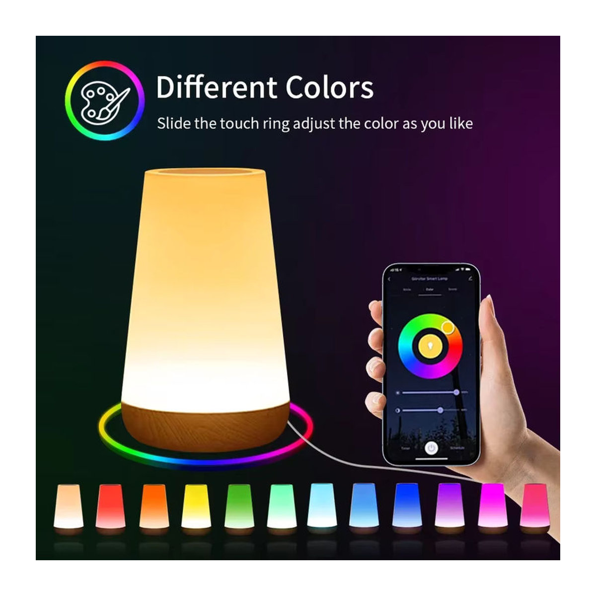 ATcomm Smart Nachttischlampe mit LED und USB-Ladefunktion, Tuya Wifi Nachtlicht mit Touch-Steuerung und Dimmfunktion, kompatibel mit Alexa und Google Home, bunt, Holz-Design - Bild 3