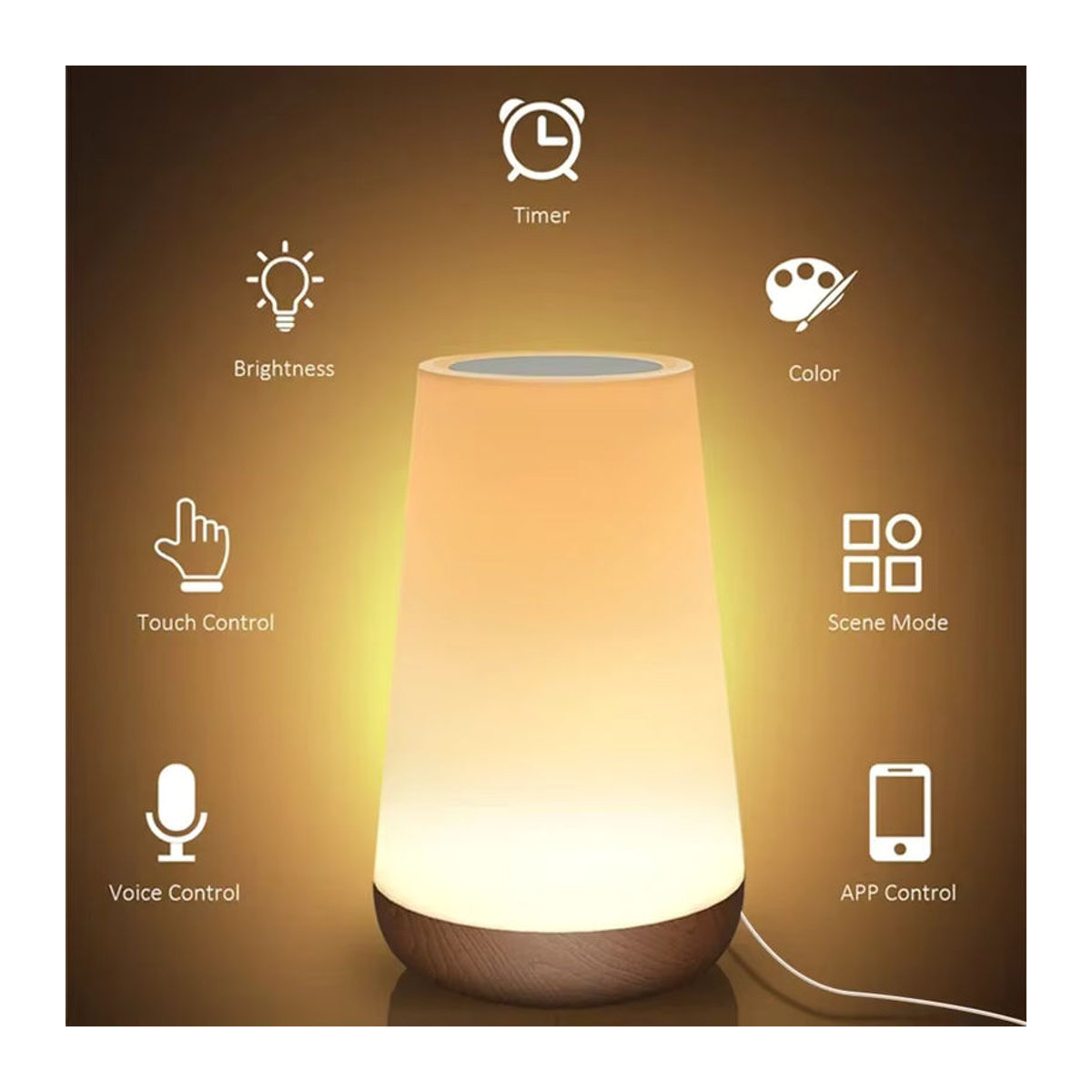 ATcomm Smart Nachttischlampe mit LED und USB-Ladefunktion, Tuya Wifi Nachtlicht mit Touch-Steuerung und Dimmfunktion, kompatibel mit Alexa und Google Home, bunt, Holz-Design - Bild 6