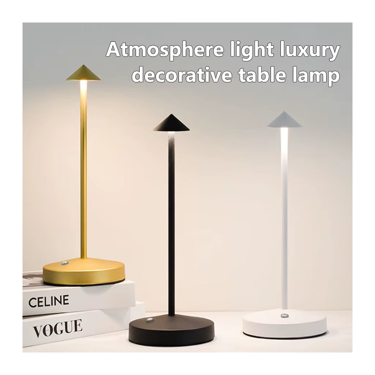 ATcomm Wiederaufladbare LED-Tischlampe aus Metall in Schwarz mit Touch-Funktion und drei Lichtfarben für minimalistische Dekoration - Bild 2