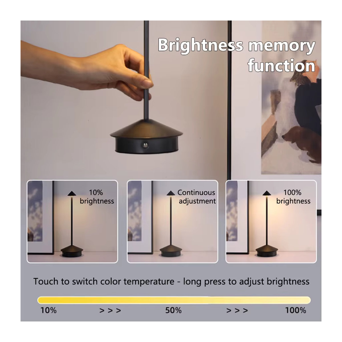 ATcomm Wiederaufladbare LED-Tischlampe aus Metall in Schwarz mit Touch-Funktion und drei Lichtfarben für minimalistische Dekoration - Bild 3